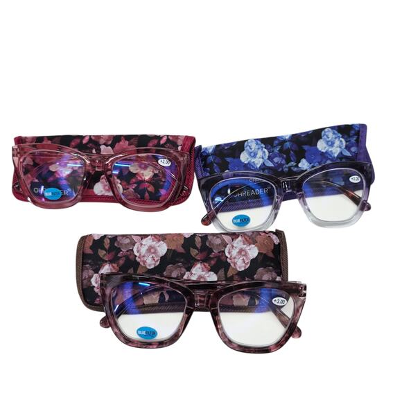 Women's 3 Pack Of Reading Glasses with Floral Cases +3.00 Blue Filter - Picture 1 of 10